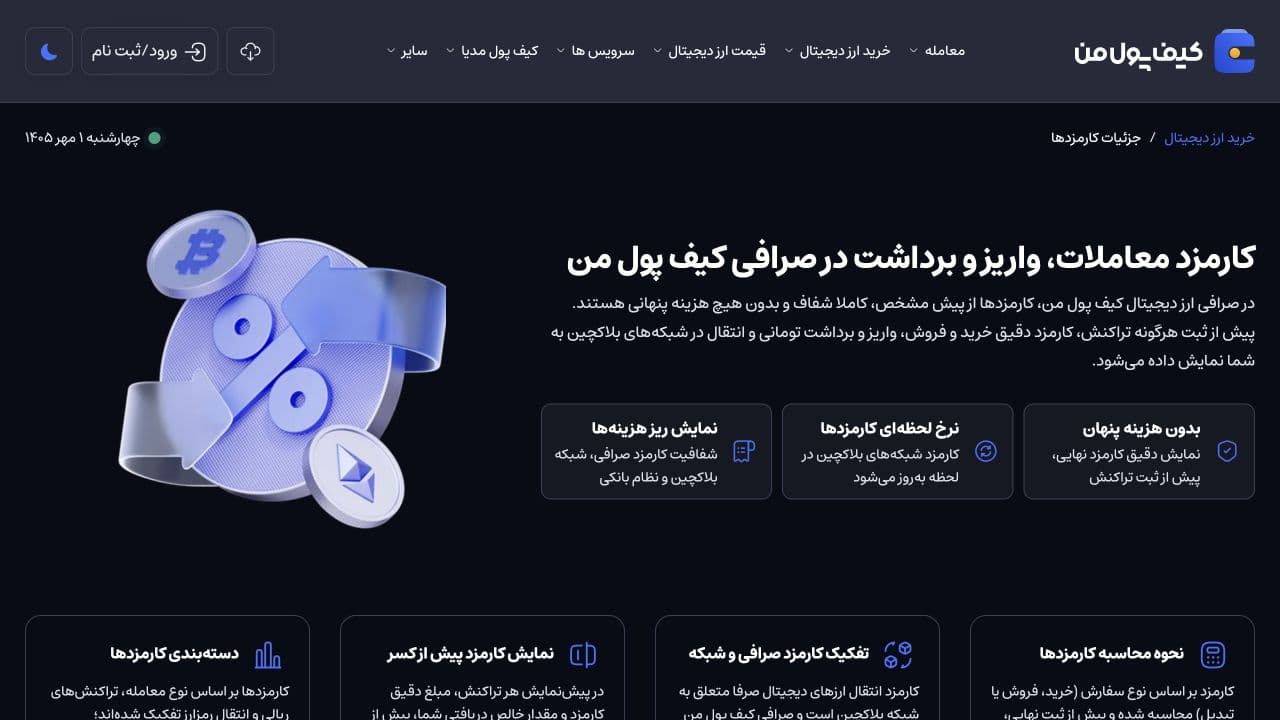 اسکرین شات صفحه رسمی کارمزد معاملات و برداشت کیف پول من