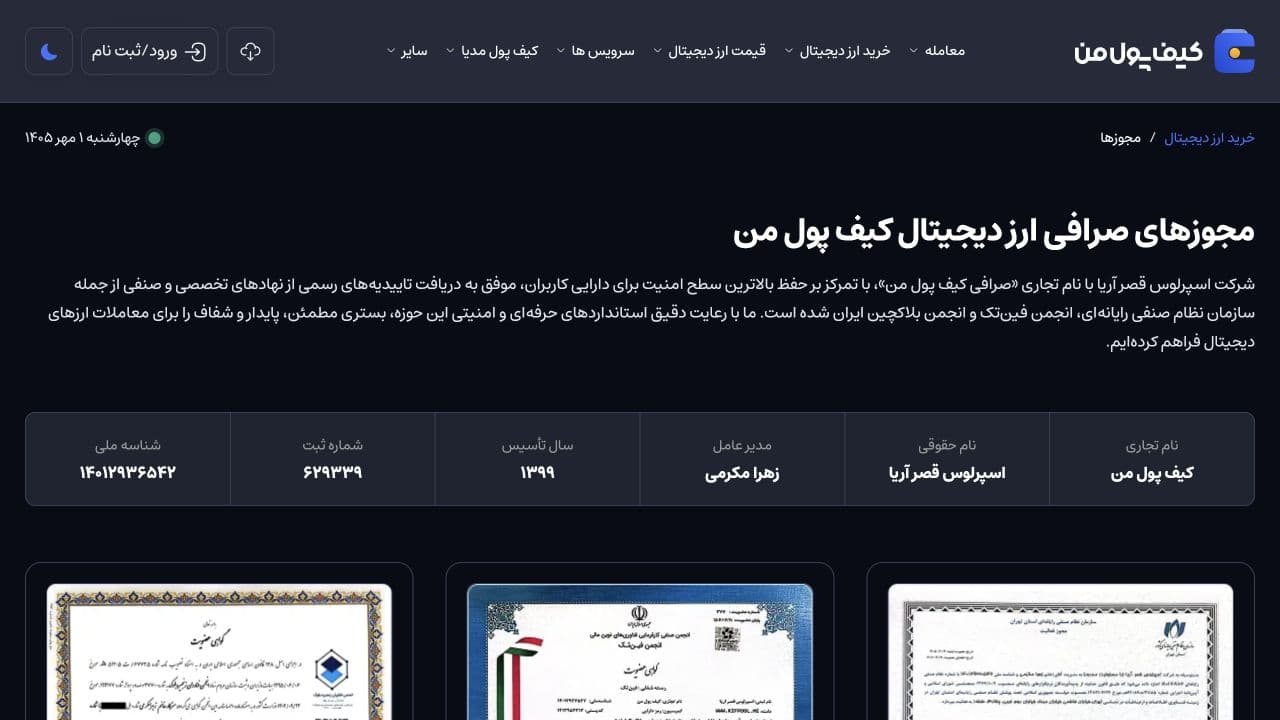 اسکرین شات صفحه رسمی مجوزهای کیف پول من شامل نام حقوقی، شماره ثبت، شناسه ملی و مدارک عضویت