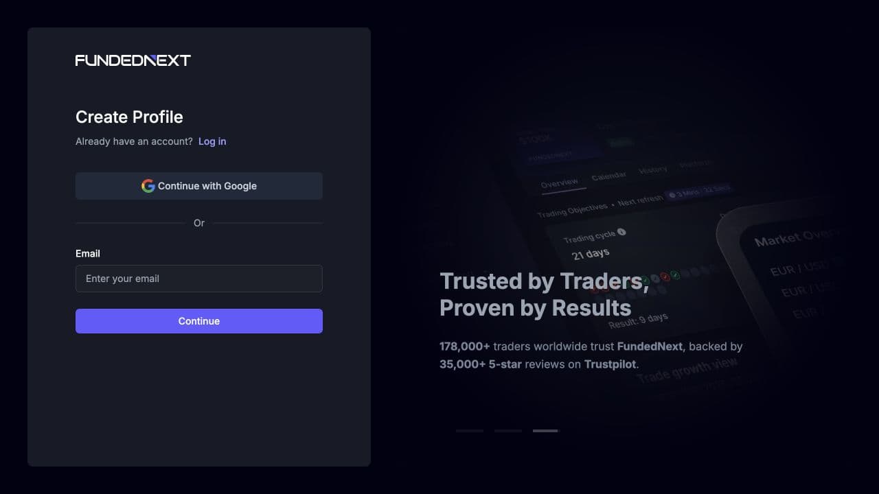 فرم Create Profile در FundedNext با گزینه ایمیل و ورود گوگل
